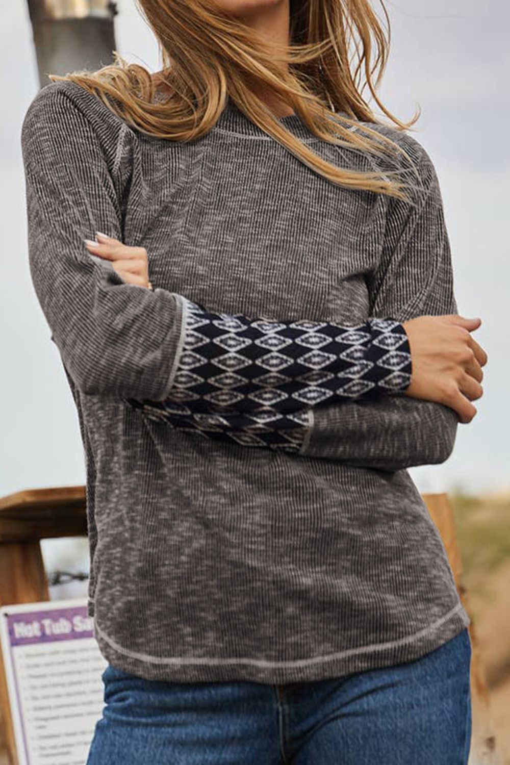 Geometric Round Neck Long Sleeve Top - Classique Collection