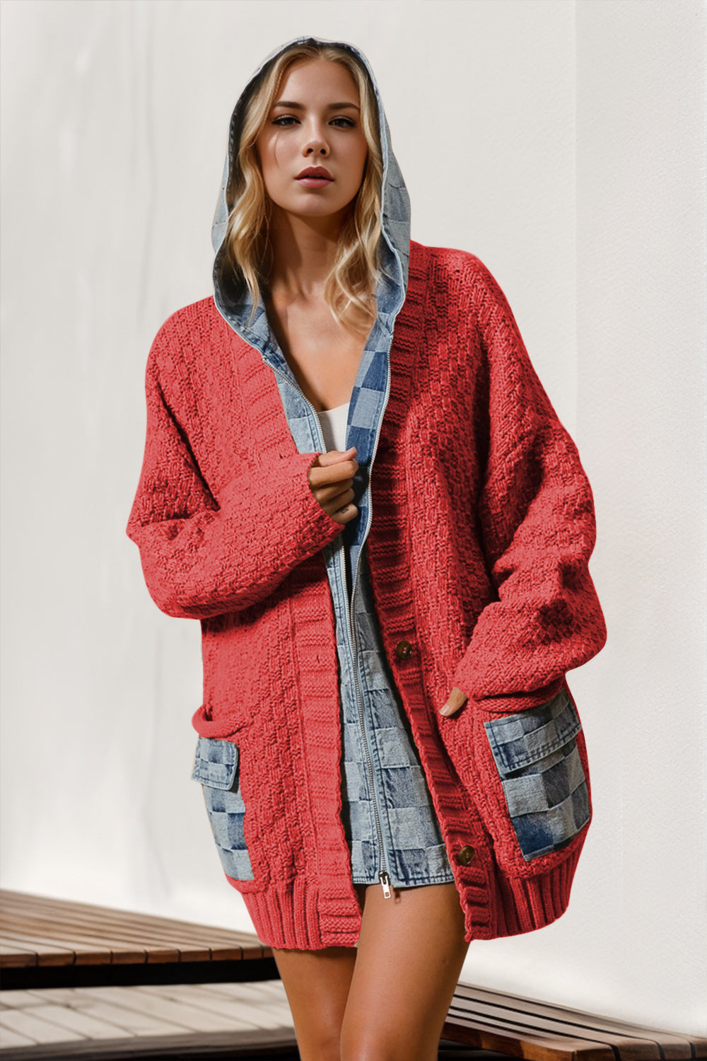 Double Take Full Size Hooded Denim Spliced Sweater Cardigan - ClassiQ