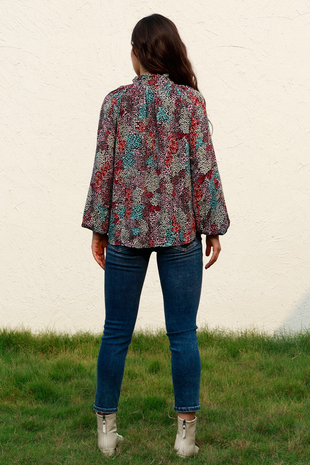 Tie Neck Heathered Balloon Sleeve Blouse - Classique Collection