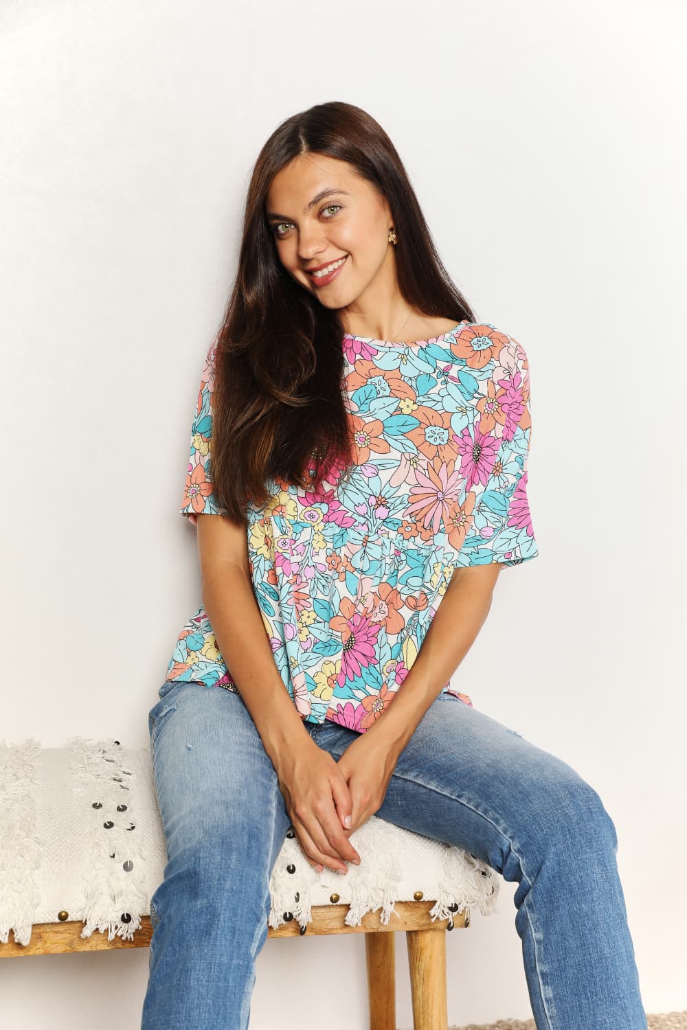Double Take Floral Round Neck Babydoll Top - Classique Collection