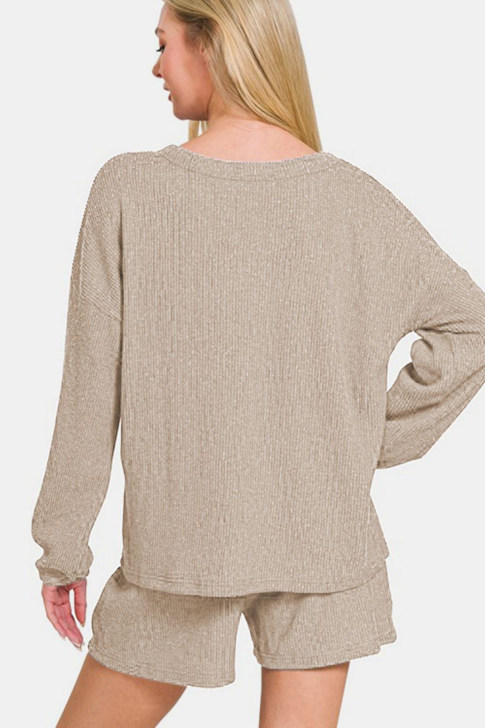 Zenana V-Neck Long Sleeve Ribbed Top and Shorts Set - Classique Collection
