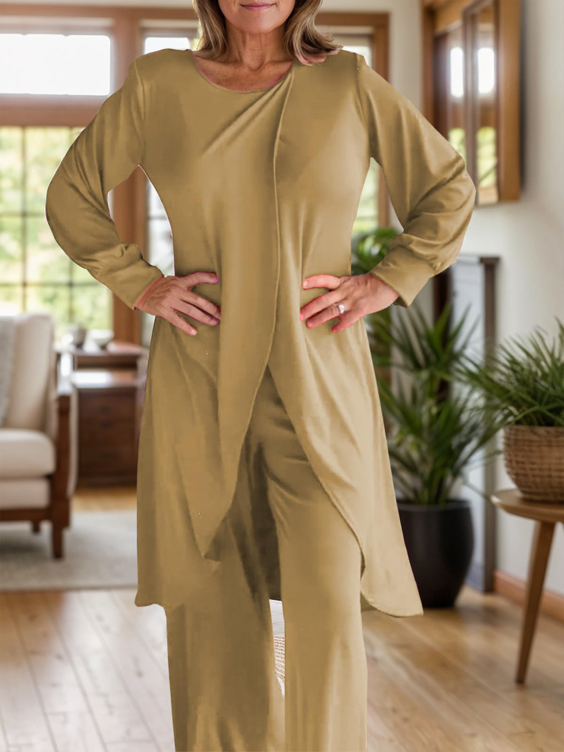 Full Size Slit Round Neck Long Sleeve Top and Pants Set - ClassiQ