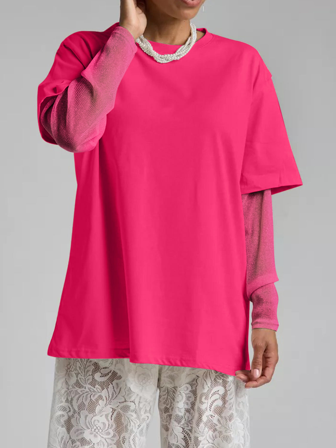 Faux Layered Round Neck Mesh Sleeve Top - Classique Collection
