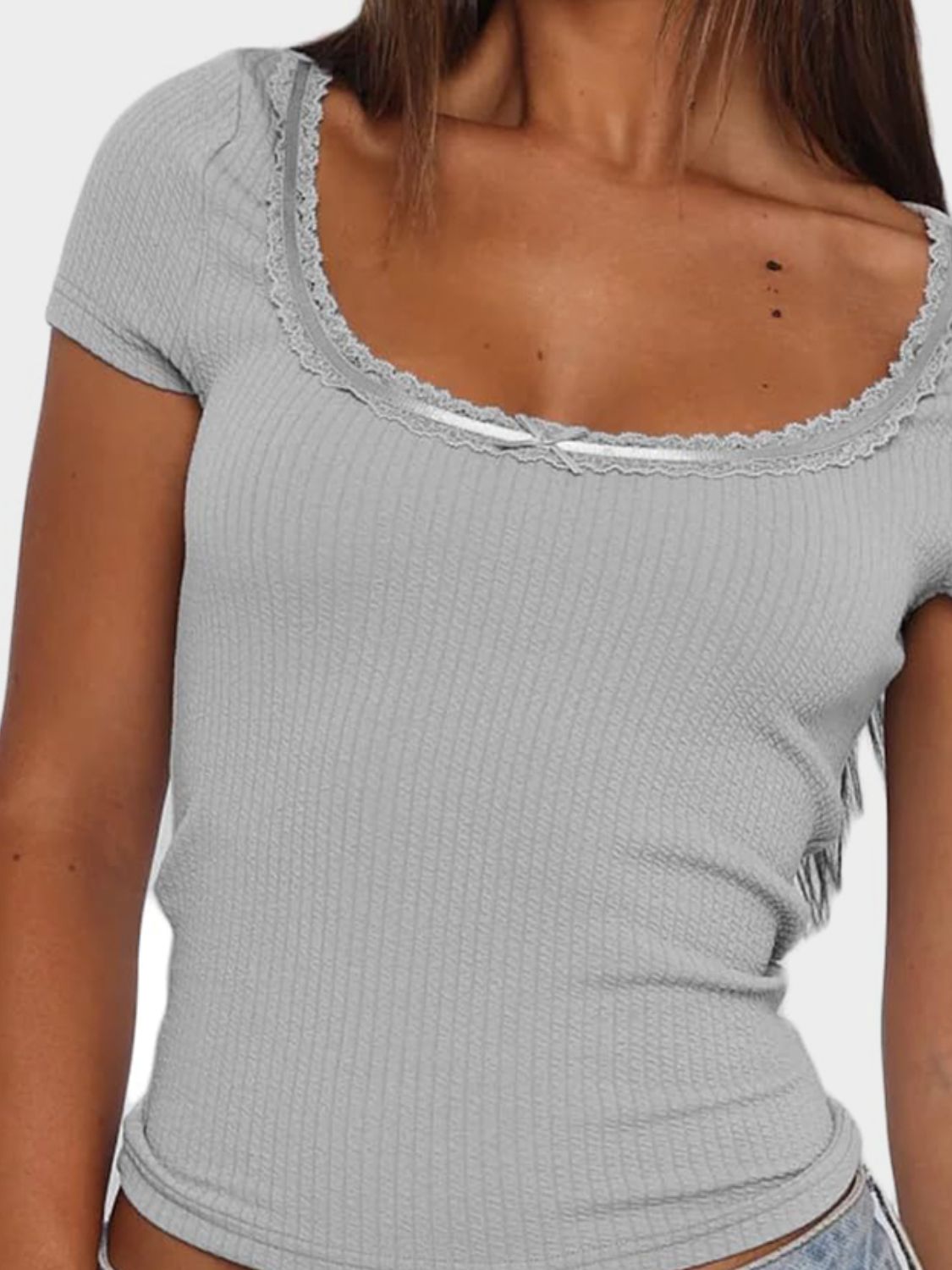 Lace Detail Scoop Neck Short Sleeve T-Shirt - Classique Collection