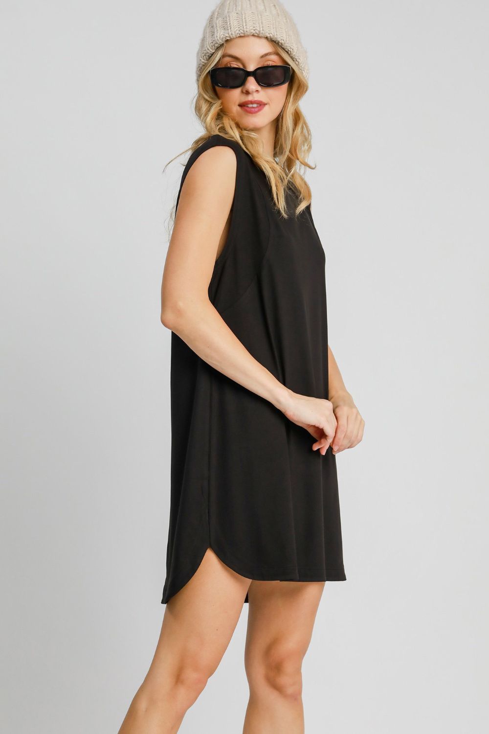 Umgee Round Neck Sleeveless High-Low Curved Hemline Mini Dress - Classique Collection
