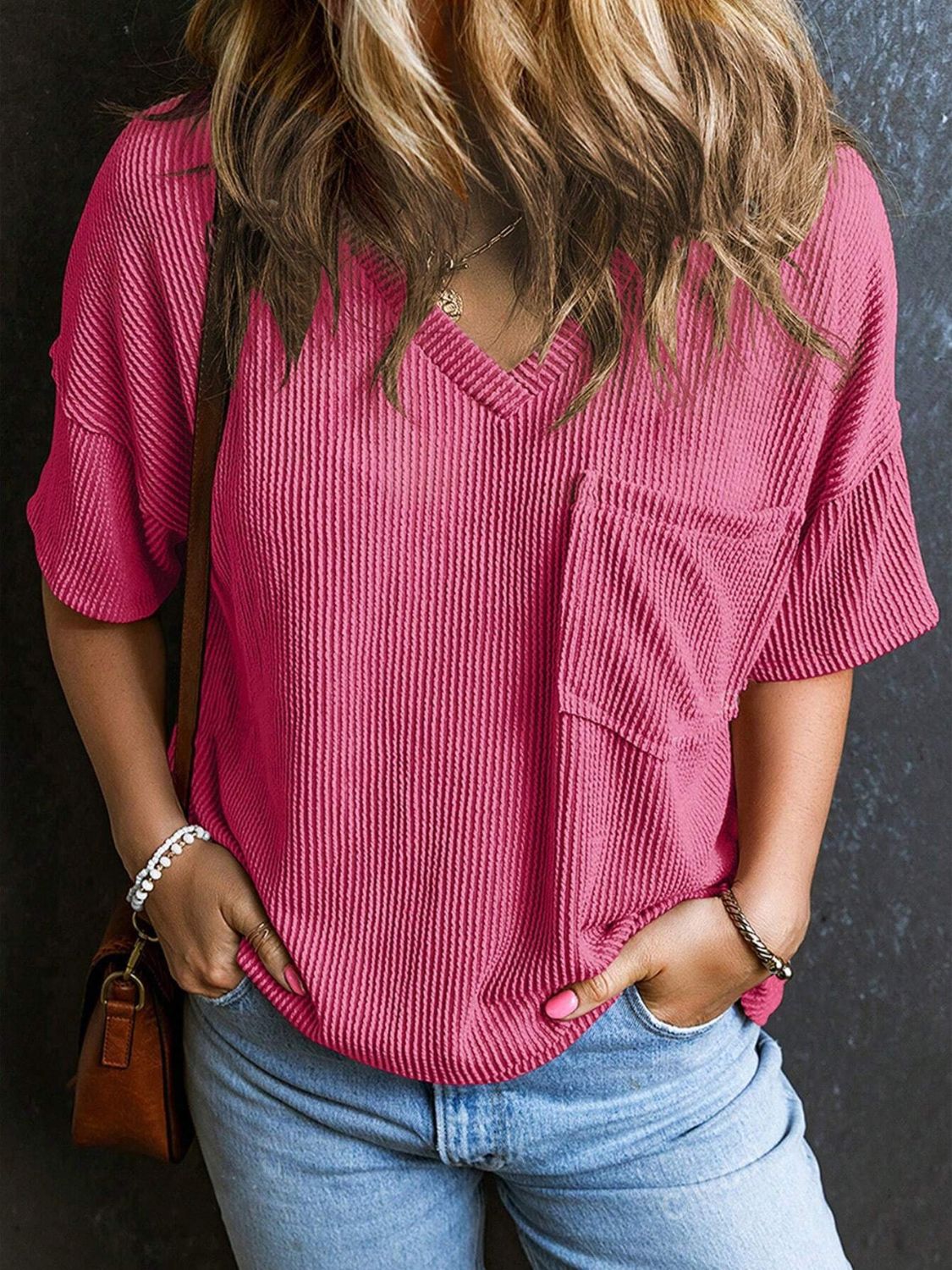 Textured V-Neck Half Sleeve T-Shirt - Classique Collection