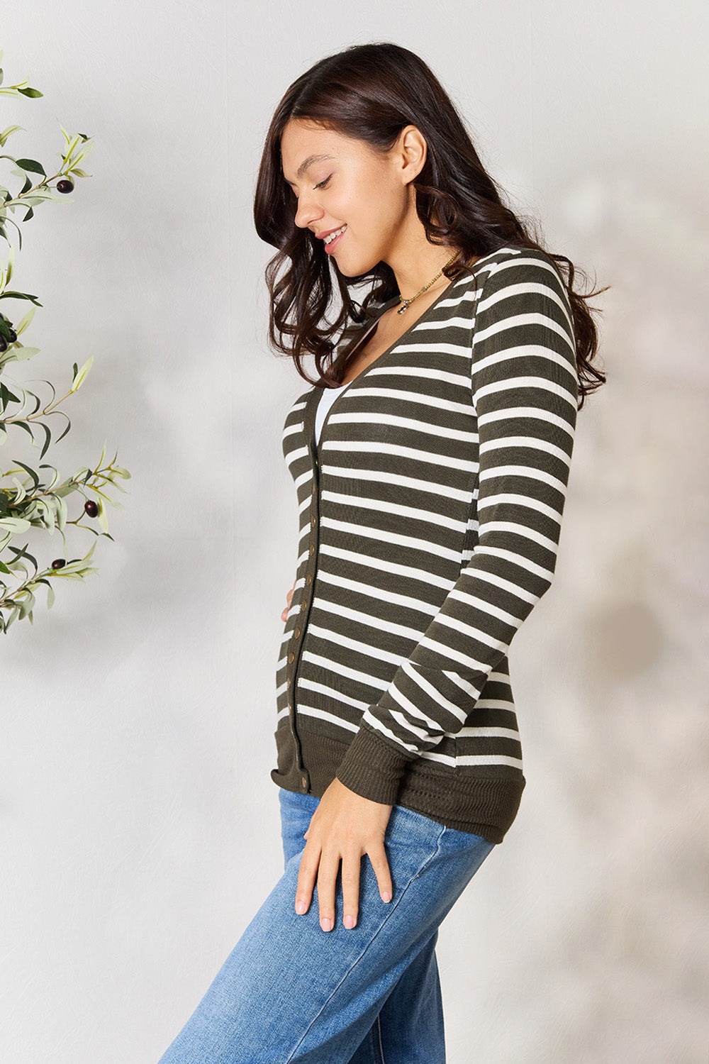 Zenana Full Size Striped Snap Down Cardigan - Classique Collection