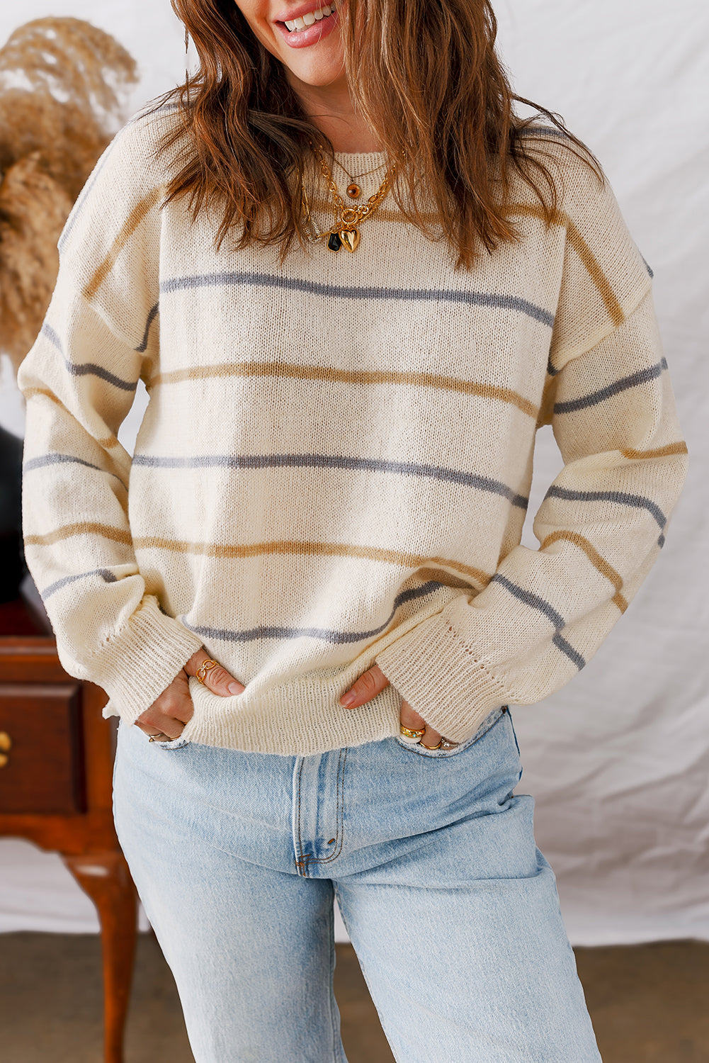 Brown Striped Ribbed Edge Drop Shoulder Sweater Shewin