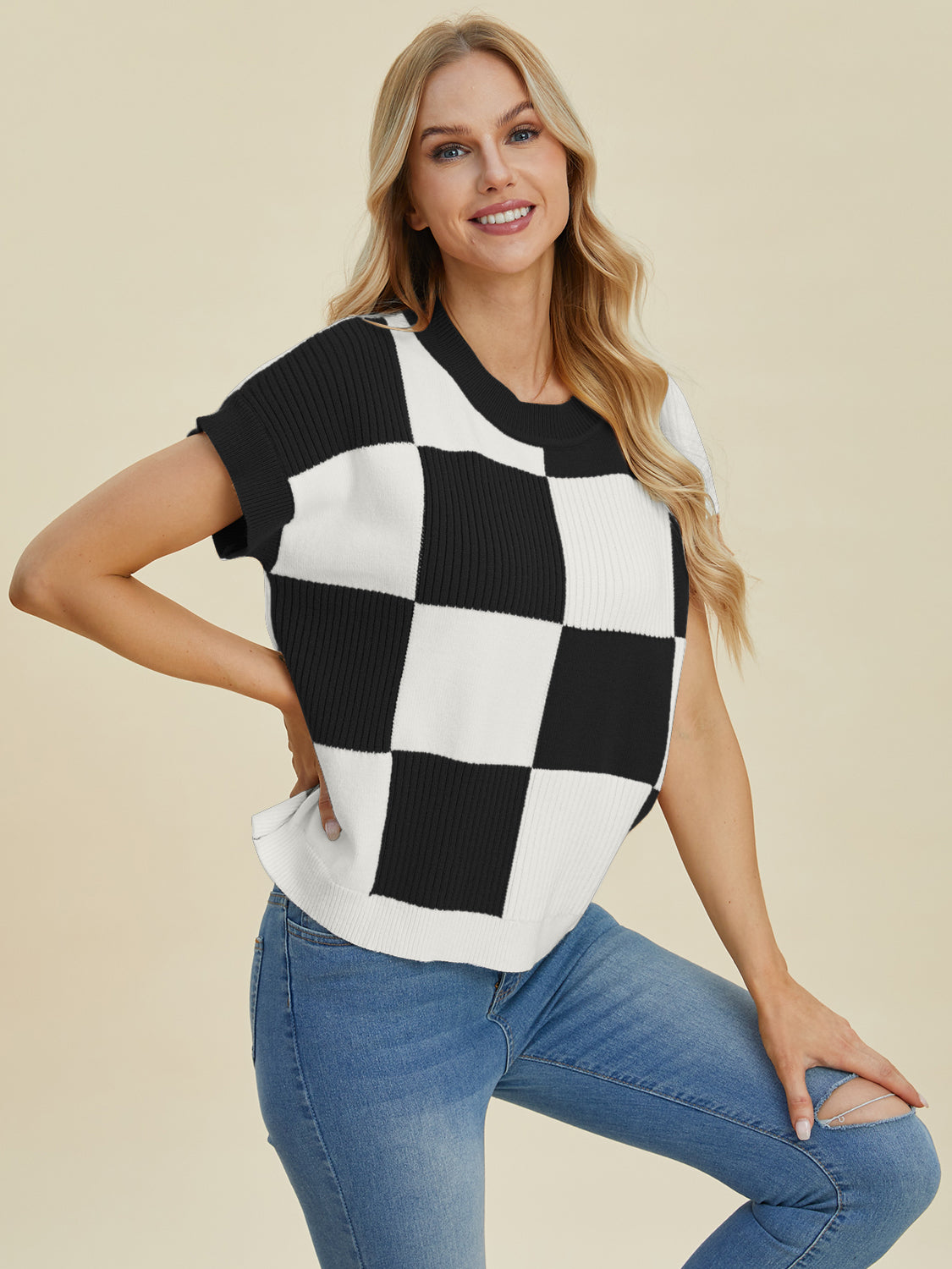 Double Take Full Size Checkered Round Neck Short Sleeve Sweater - ClassiQ