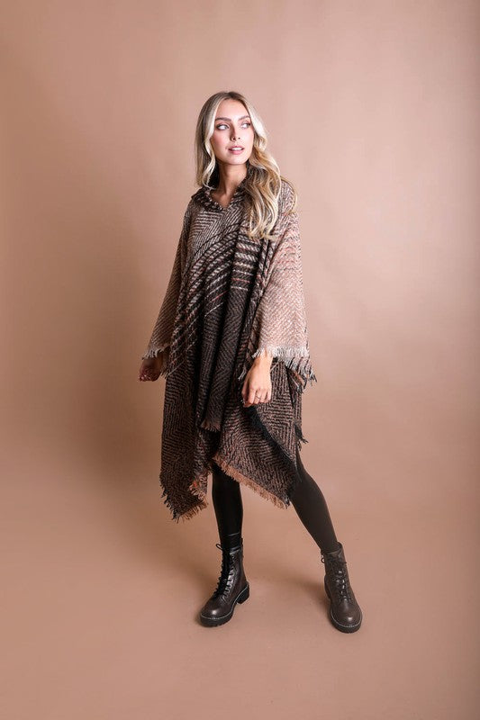 Herringbone Tweed Hooded Frayed Edge Poncho - Classique Collection