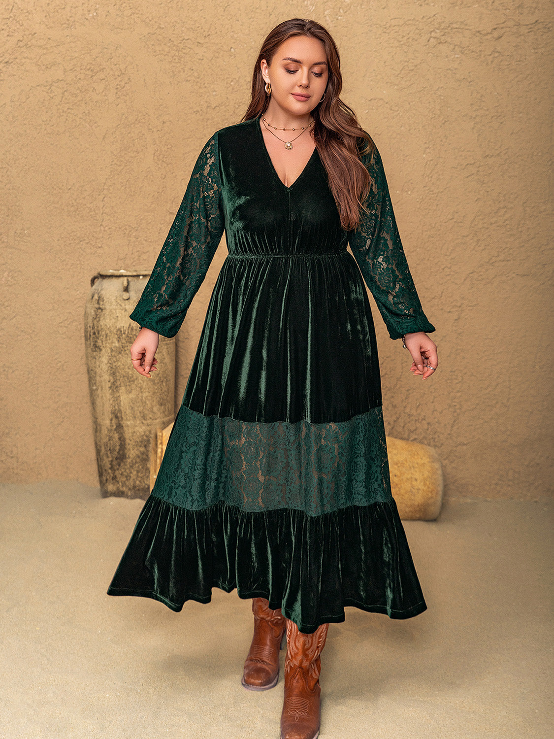 Plus Size Lace Patchwork V-Neck Balloon Sleeve Midi Dress - Classique Collection