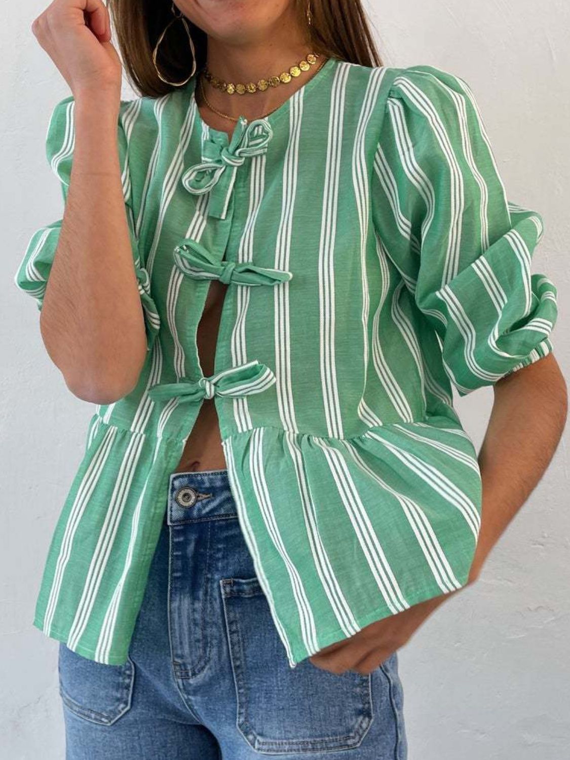 Tied Round Neck Balloon Sleeve Shirt - Classique Collection
