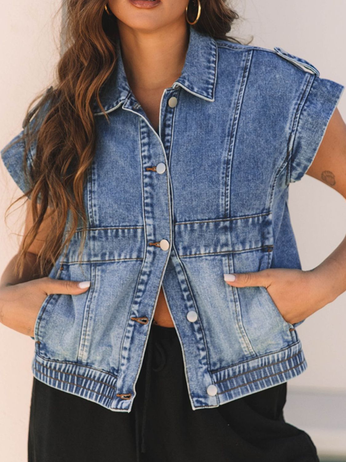 Button Up Cap Sleeve Denim Jacket - ClassiQ