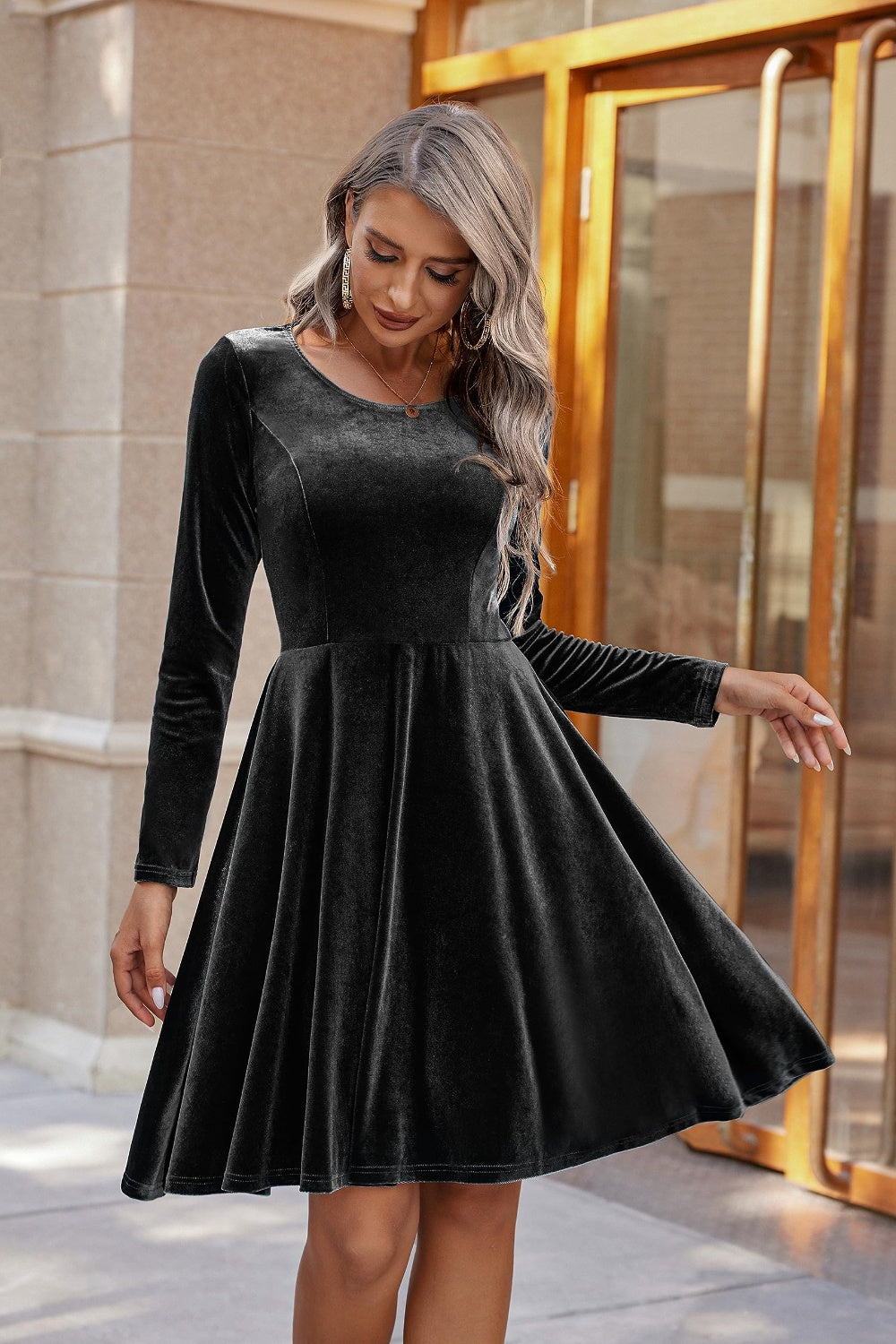 Round Neck Long Sleeve Knee Length Dress - Classique Collection
