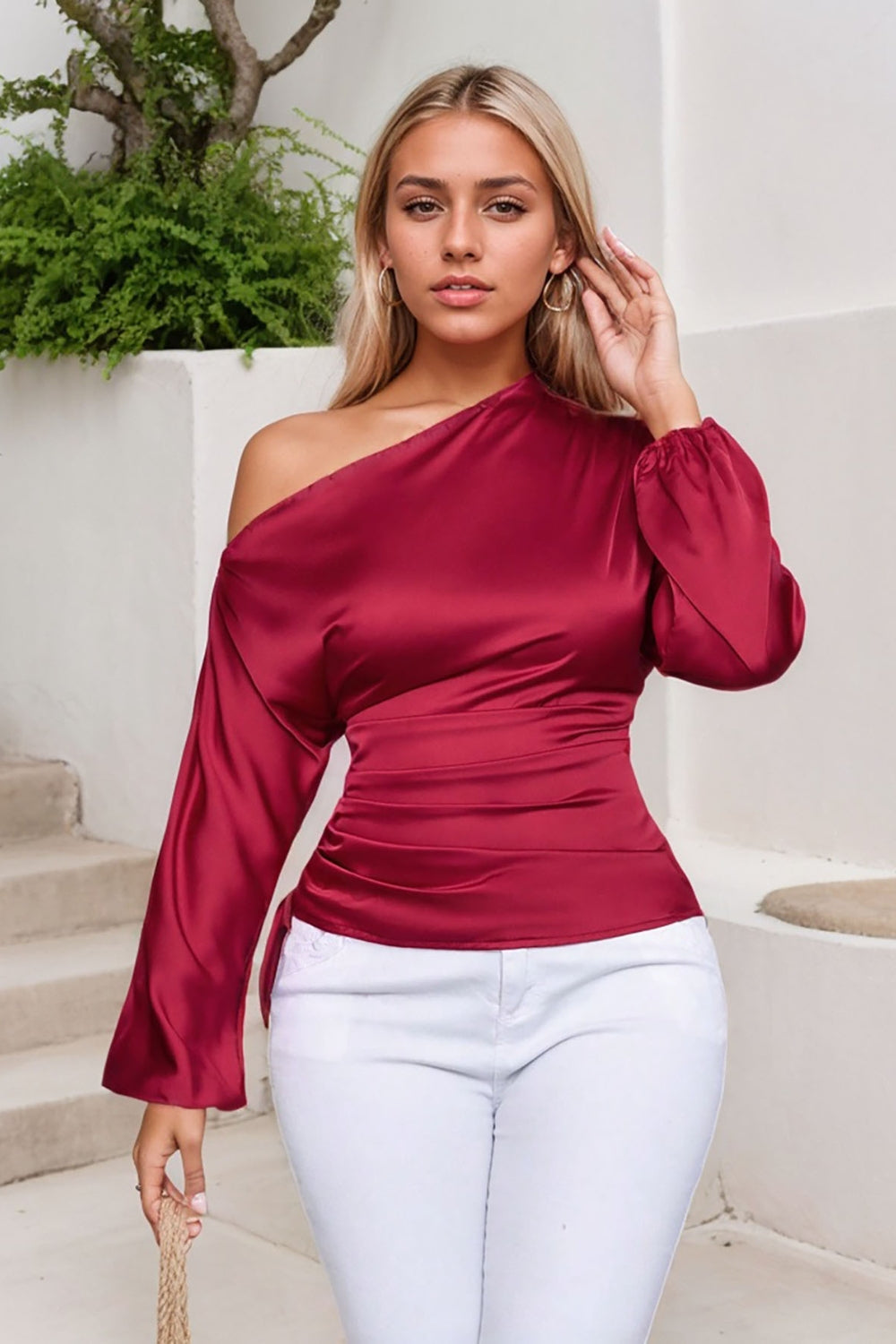 Drawstring One Shoulder Long Sleeve Blouse - Classique Collection
