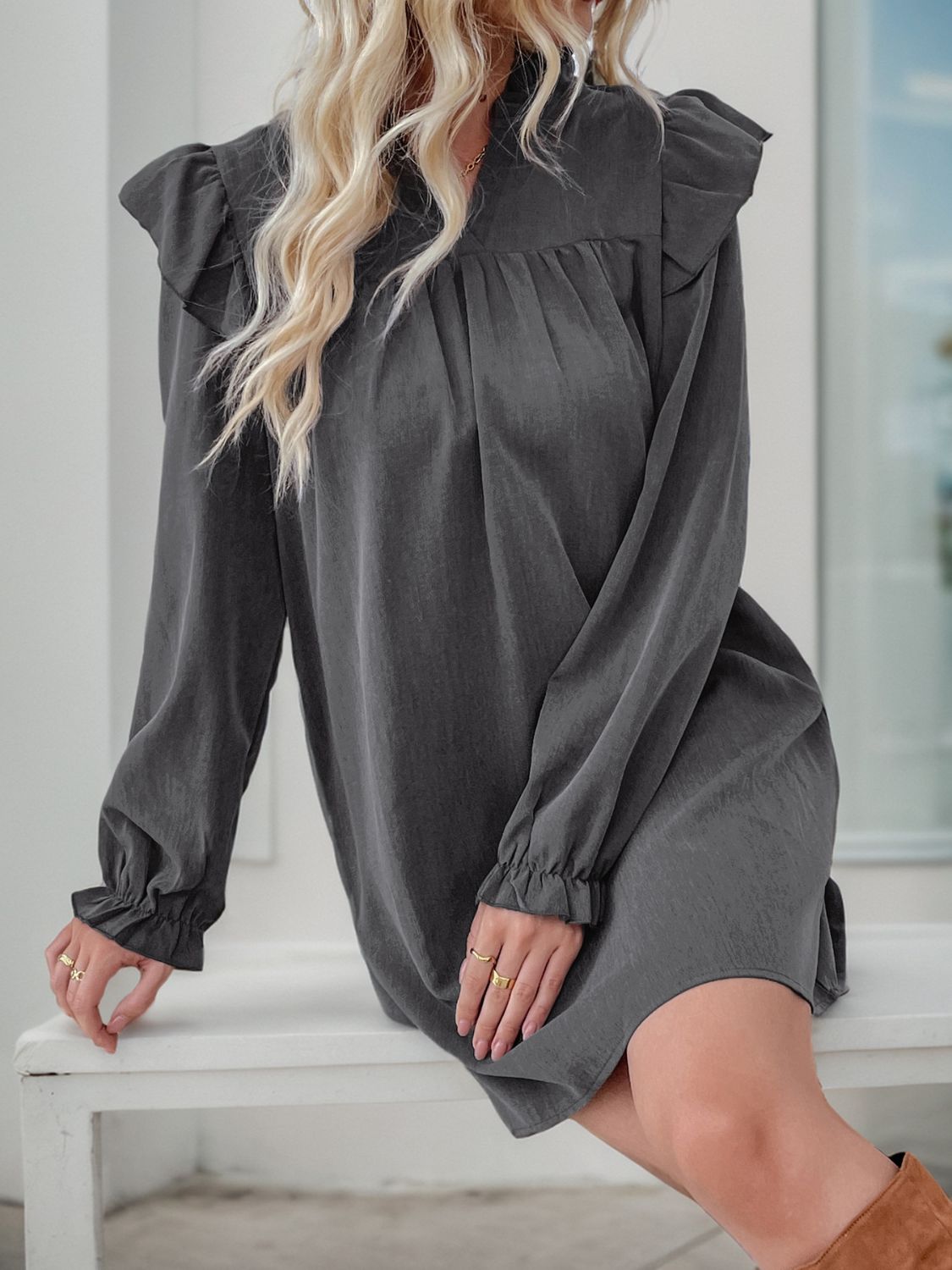 Perfee Ruffled Notched Long Sleeve Mini Dress - Classique Collection