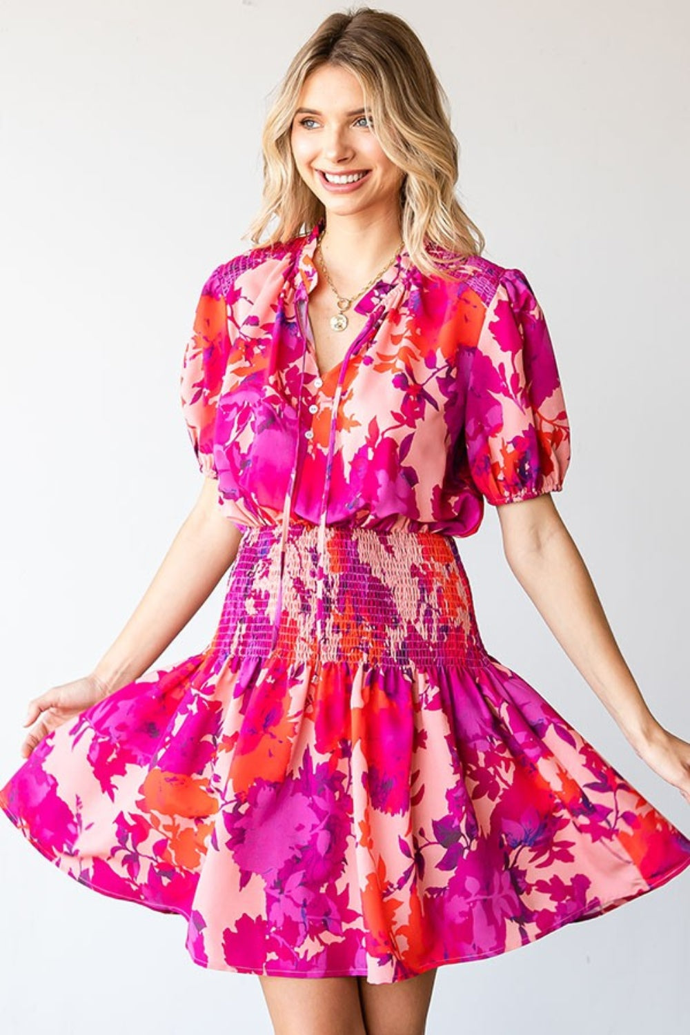 First Love Floral Short Sleeve Smocked Mini Dress - ClassiQ