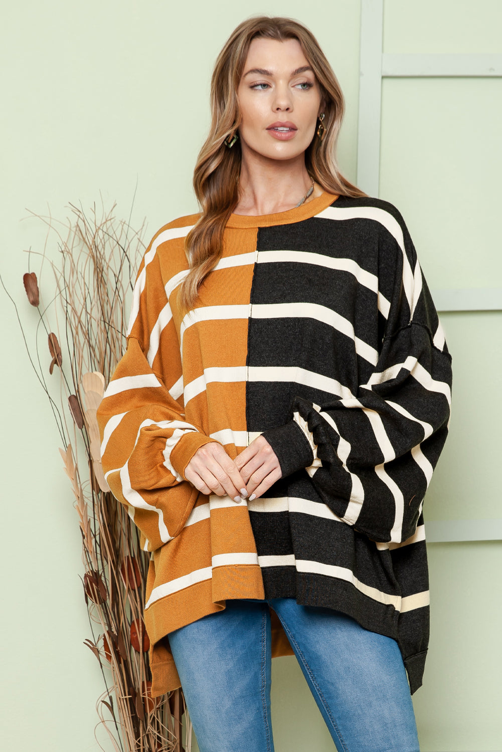 Striped Dropped Shoulder Round Neck Blouse - Classique Collection