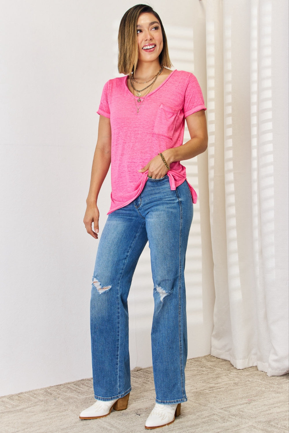 Zenana V-Neck Short Sleeve Slit T-Shirt - Classique Collection