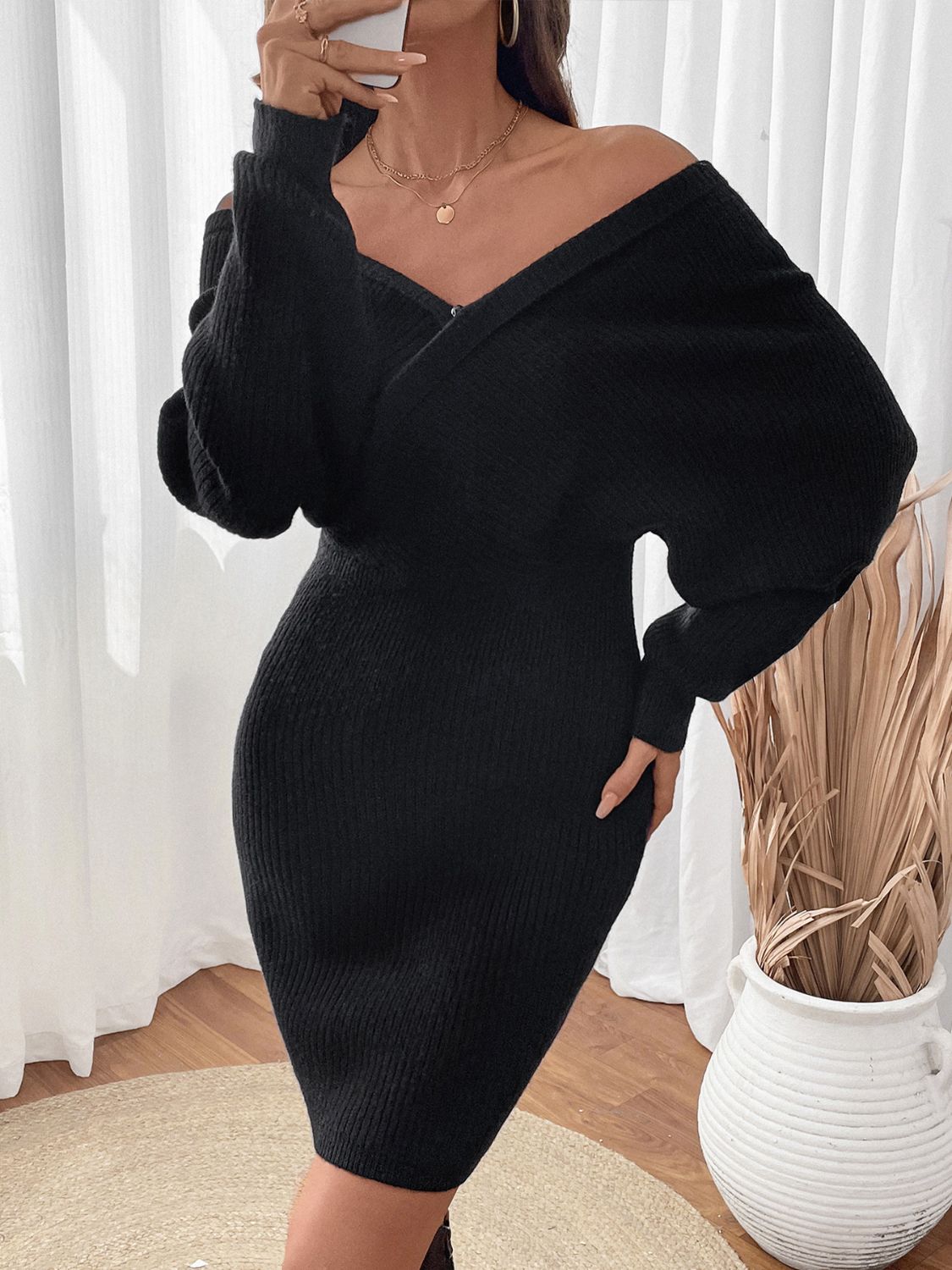 Perfee Surplice Long Sleeve Sweater Dress - Classique Collection