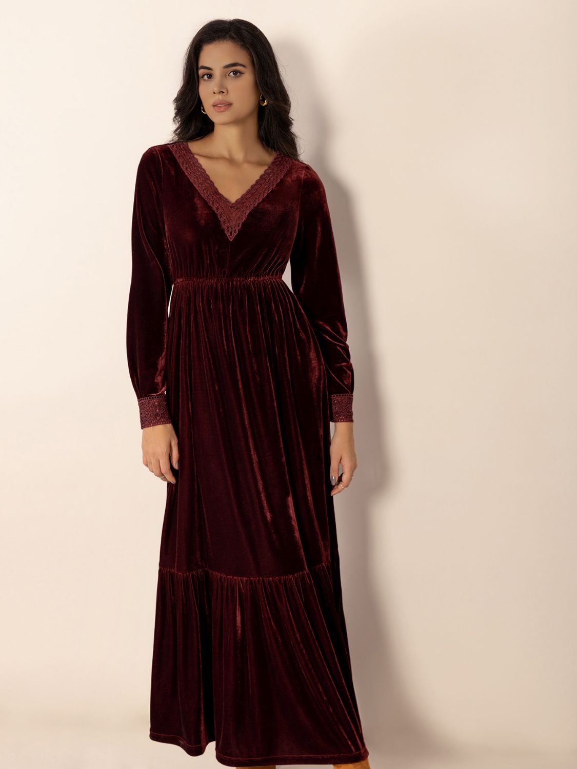 Lace Detail V-Neck Long Sleeve Dress - Classique Collection