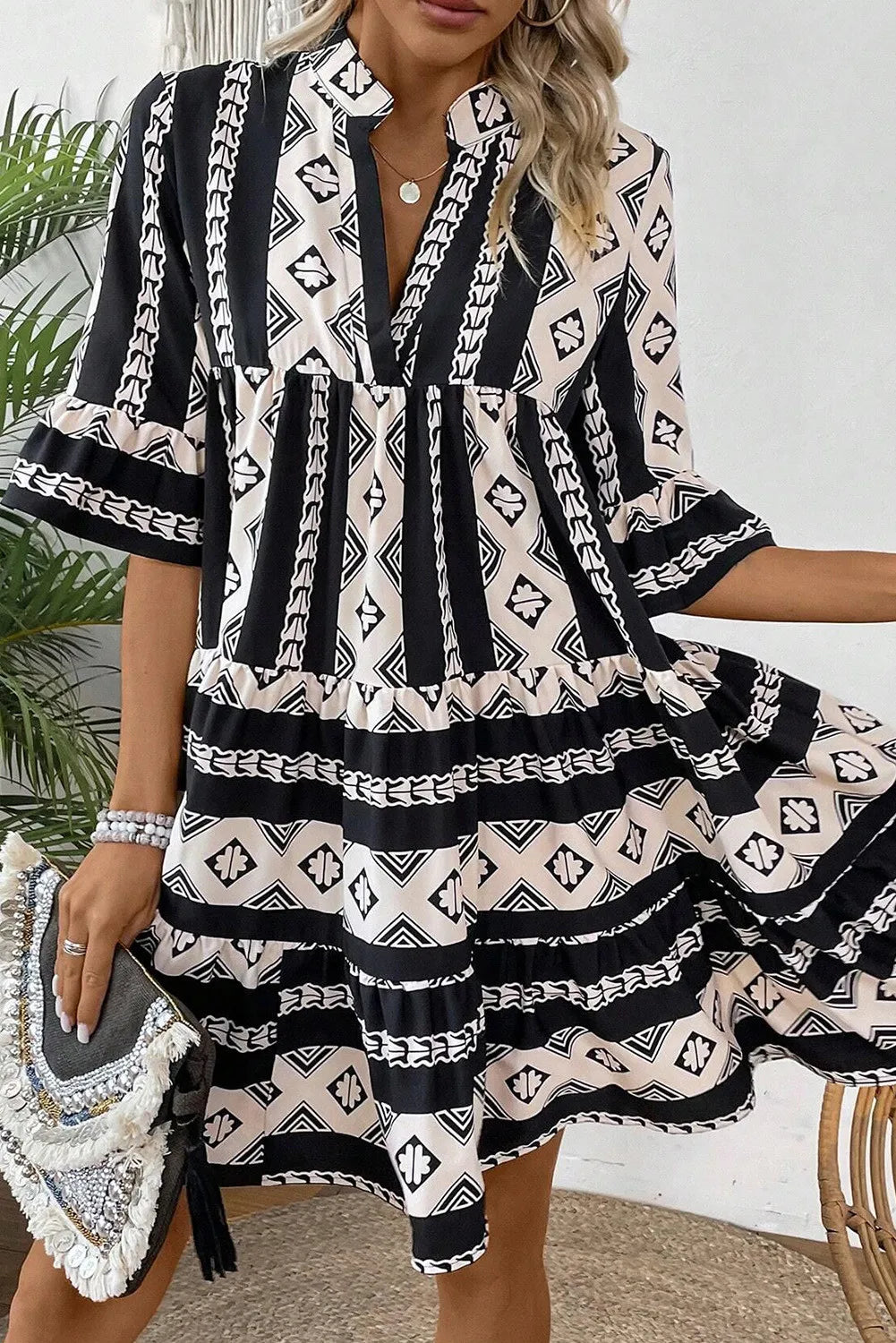 Tiered Printed Notched Half Sleeve Dress - Classique Collection