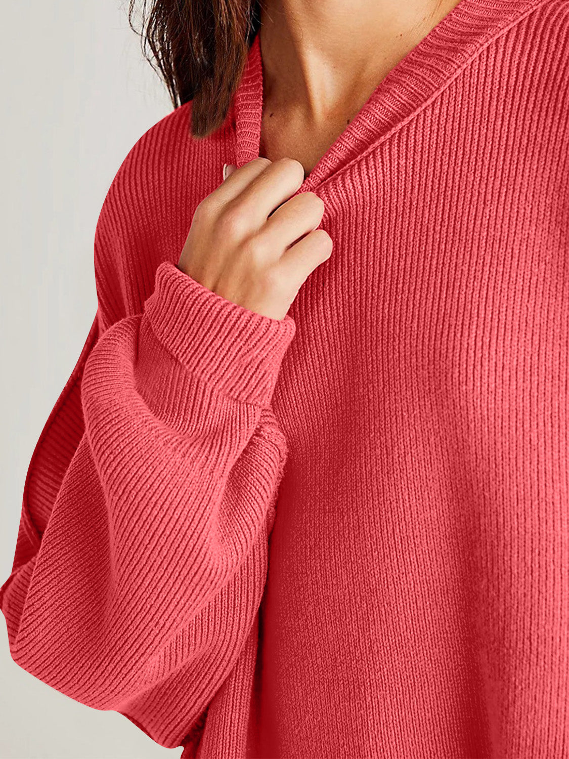 Double Take Side Slit Round Neck Long Sleeve Sweater - ClassiQ