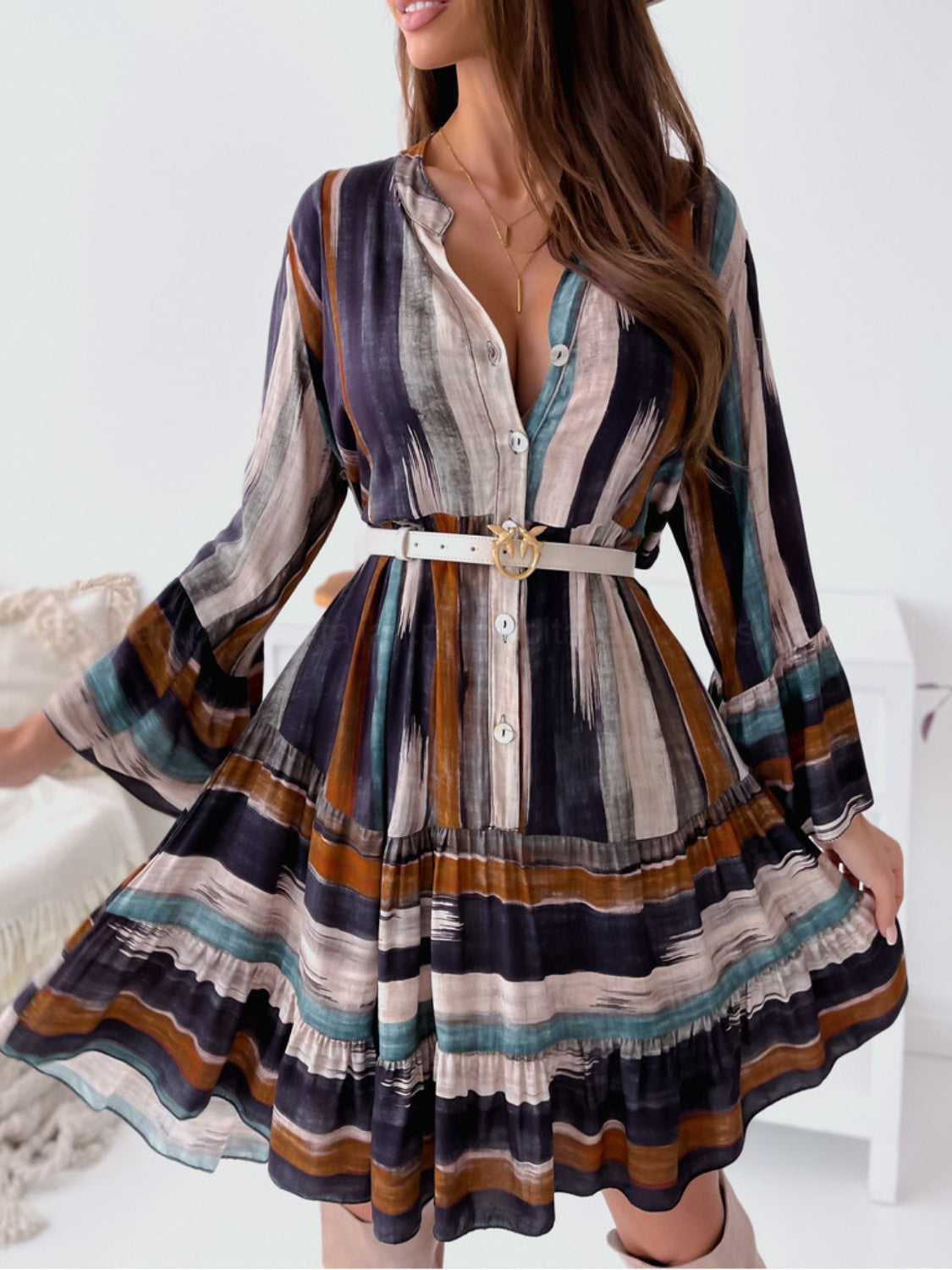 Buttoned Striped Long Sleeve Mini Dress - Classique Collection