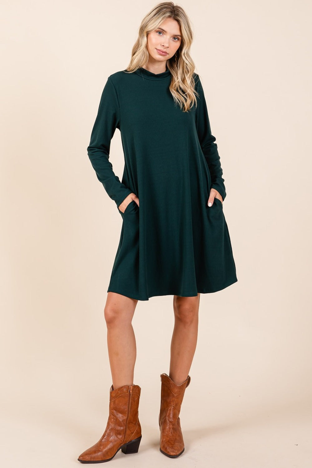 Mittoshop Mock Neck Long Sleeve Dress with Pockets - Classique Collection