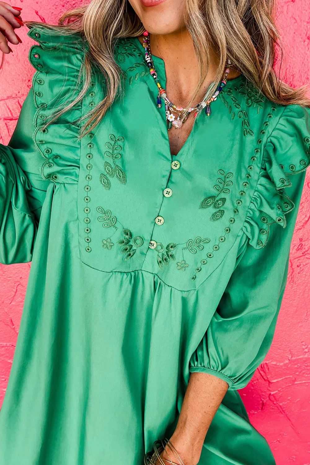 Embroidered Ruffled Notched Three-Quarter Sleeve Dress - Classique Collection