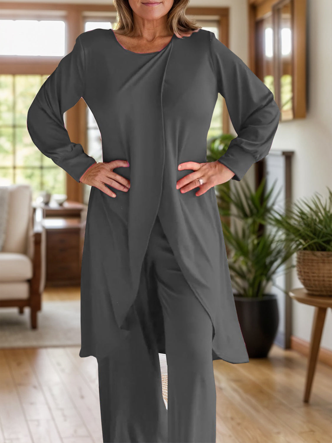 Full Size Slit Round Neck Long Sleeve Top and Pants Set - ClassiQ