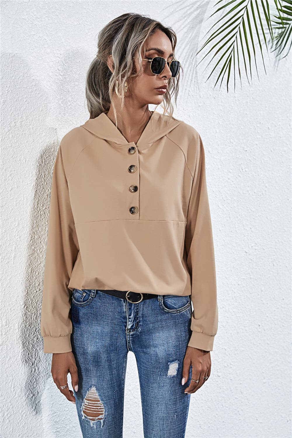 Buttoned Raglan Sleeve Hooded Blouse - ClassiQ