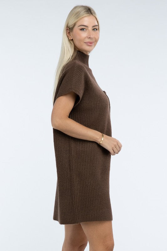 Mock Neck Short Sleeve Sweater Dress with Pocket - Classique Collection