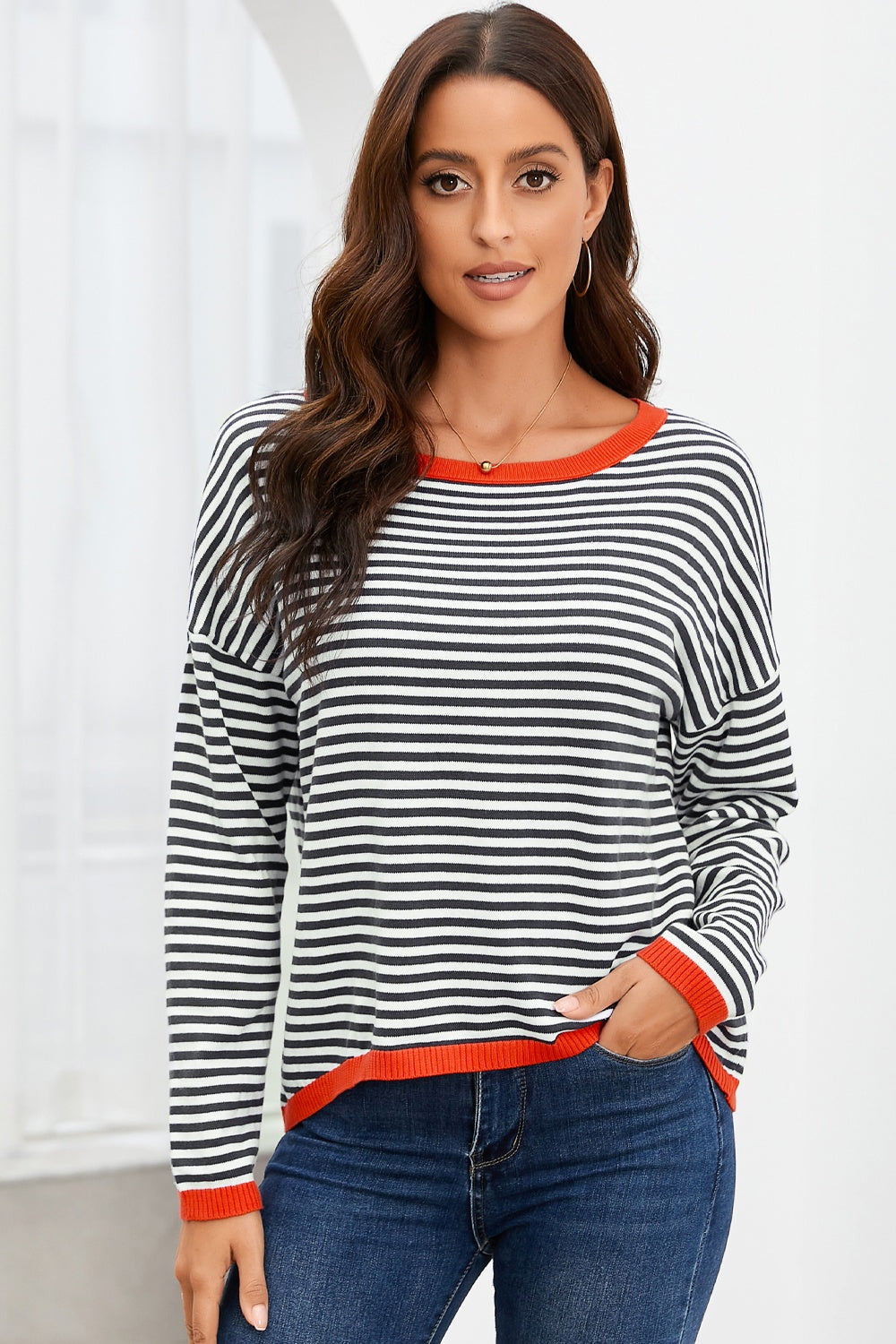 Striped Round Neck Drop Shoulder T-Shirt - ClassiQ
