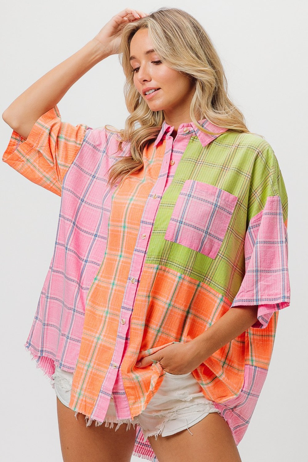 BiBi Plaid Collared Neck Half Sleeve Shirt - Classique Collection