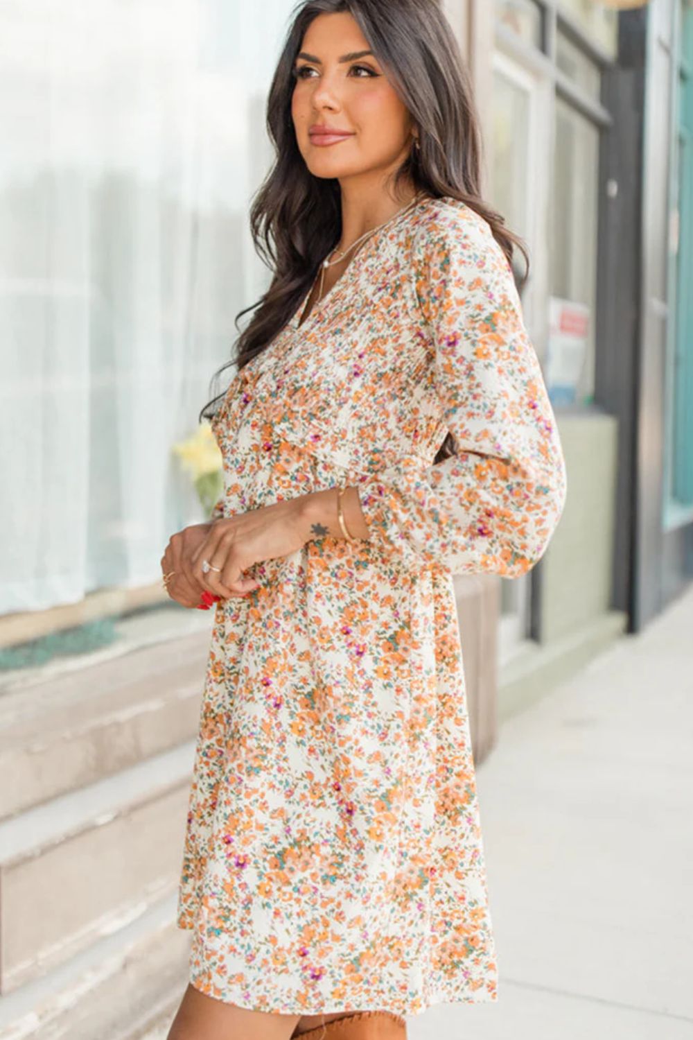 Printed V-Neck Balloon Sleeve Mini Dress - Classique Collection