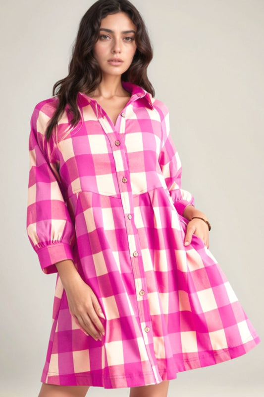 Ruched Plaid Three-Quarter Sleeve Shirt Dress - Classique Collection