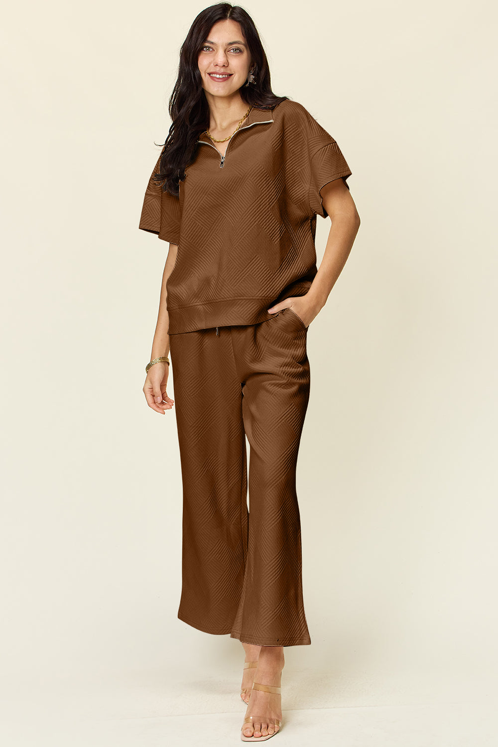 Double Take Full Size Texture Half Zip Short Sleeve Top and Pants Set - ClassiQ