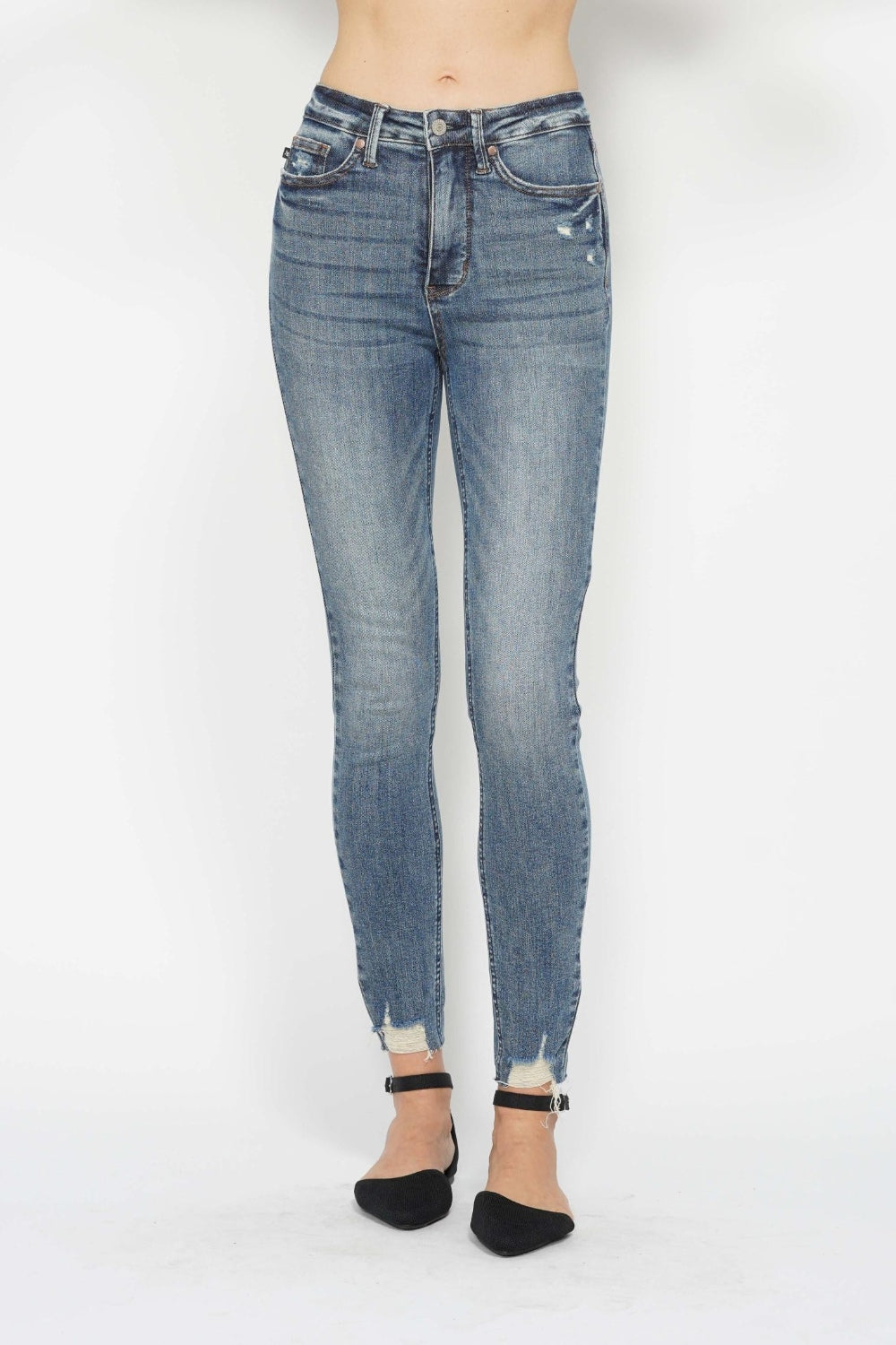 Judy Blue Full Size Tummy Control Vintage Wash Hem Destroy Skinny Jeans - Classique Collection