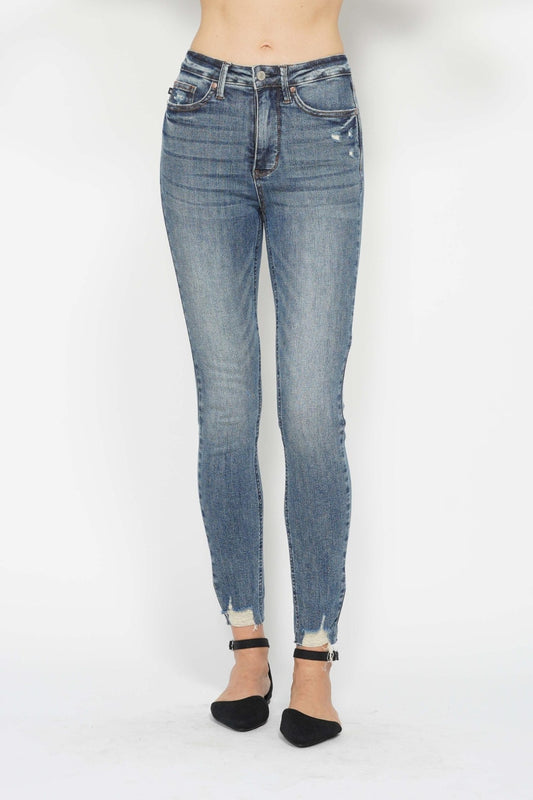 Judy Blue Full Size Tummy Control Vintage Wash Hem Destroy Skinny Jeans - Classique Collection