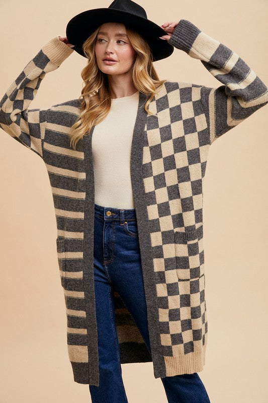 Annie Wear Checkered & Striped Open Front Long Sleeve Cardigan - ClassiQ