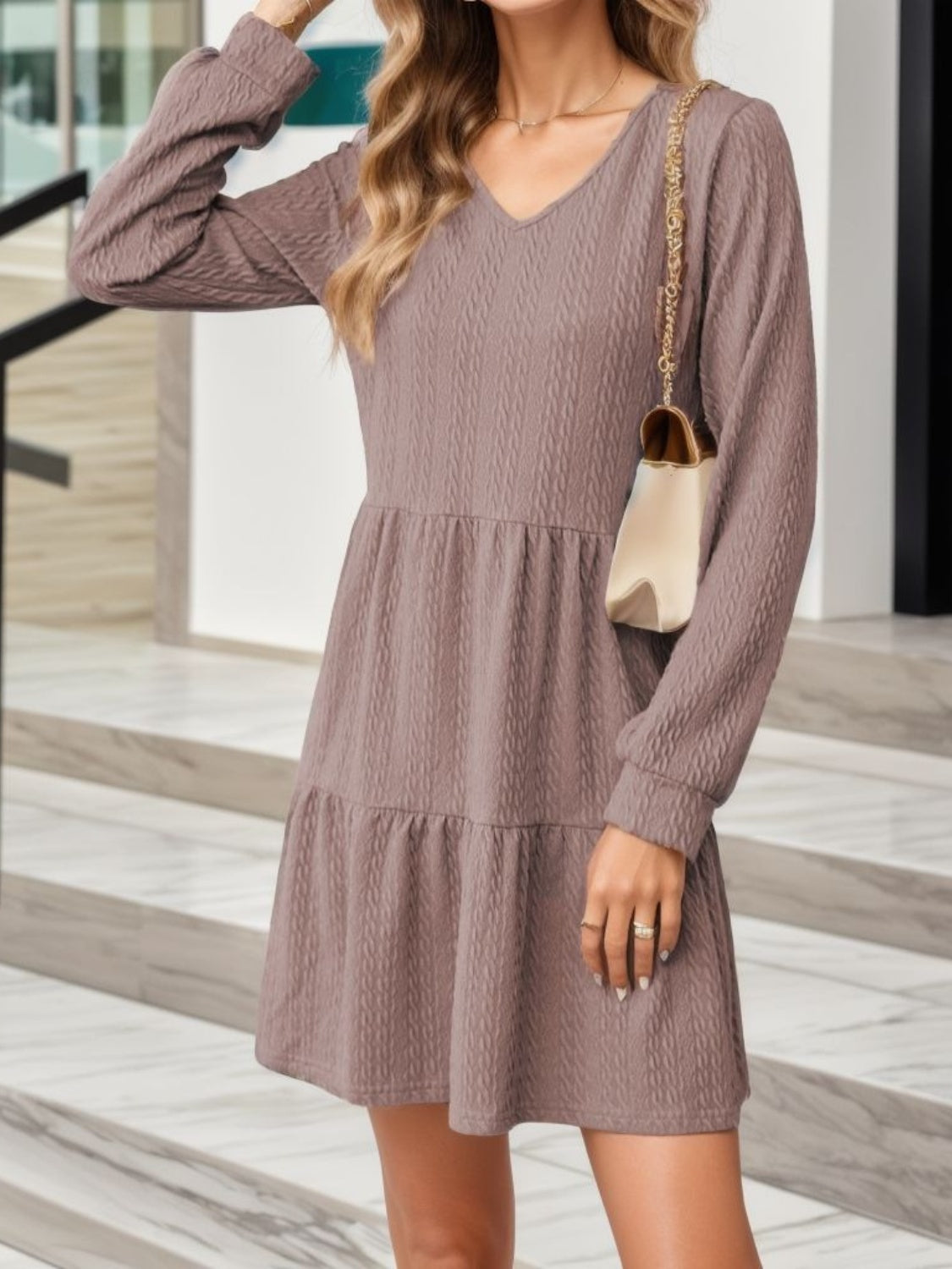 V-Neck Long Sleeve Mini Dress - Classique Collection