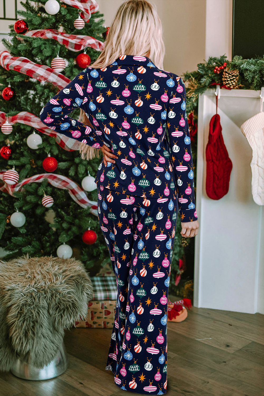 Christmas Lights Print Collared Neck Top and Pants Set - ClassiQ