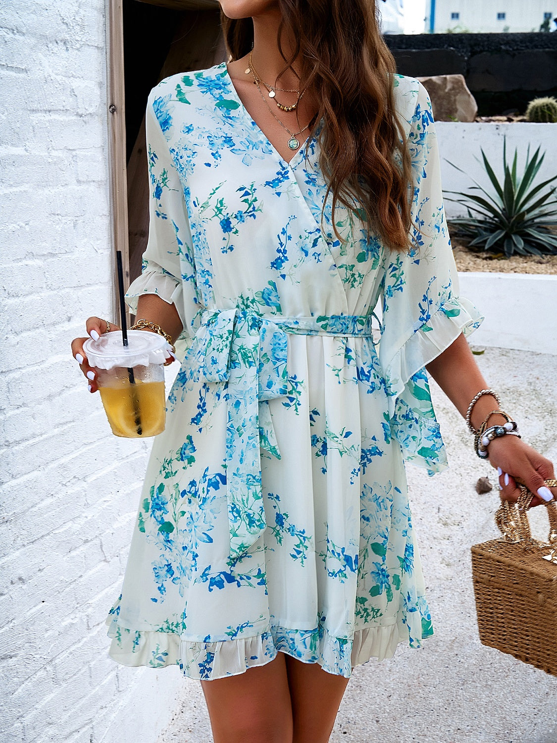 Devine Ruffled Printed Surplice Half Sleeve Mini Dress - Classique Collection