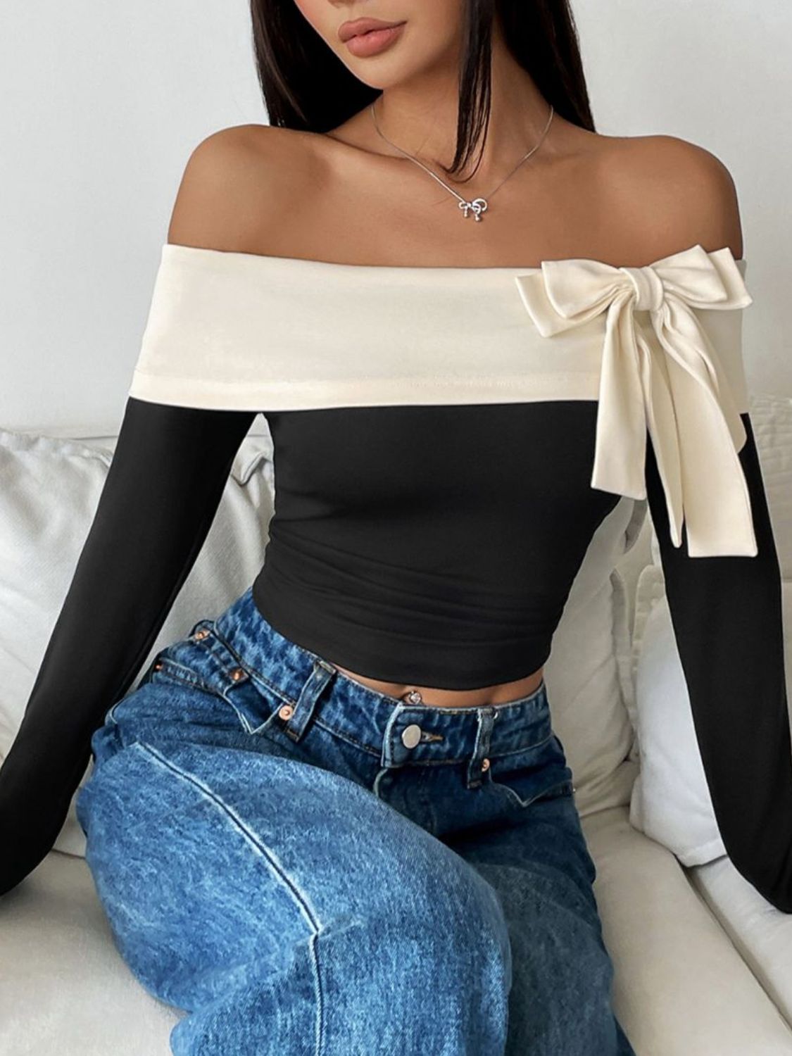 Perfee Bow Contrast Off-Shoulder Long Sleeve Top - Classique Collection