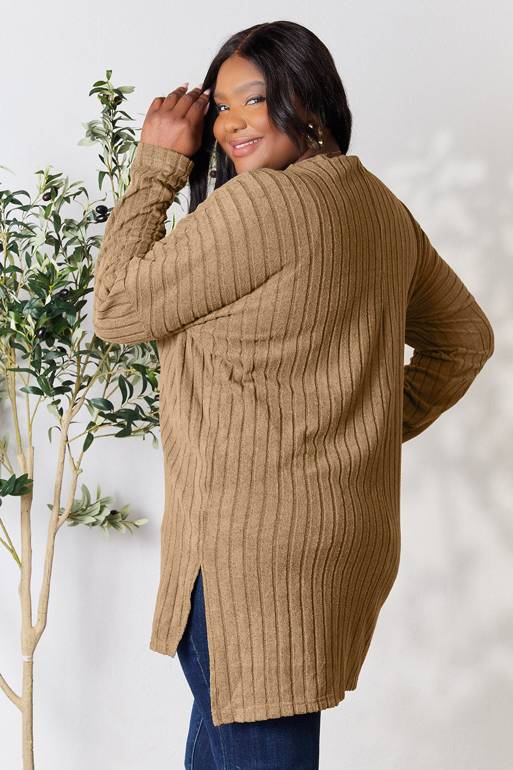 Basic Bae Full Size Ribbed Round Neck Long Sleeve Slit Top - Classique Collection