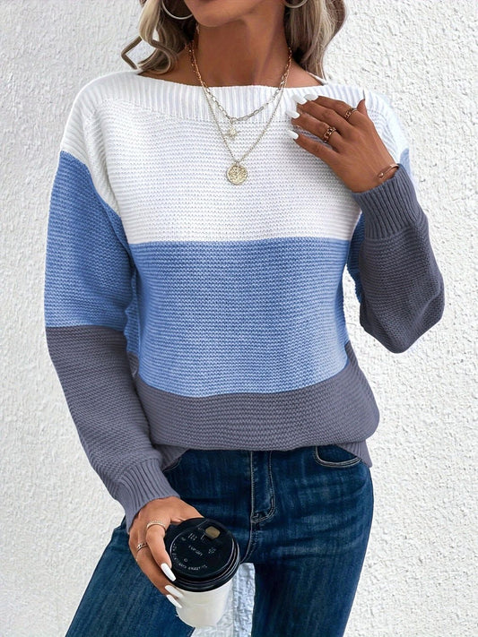 Color Block Boat Neck Sweater - ClassiQ