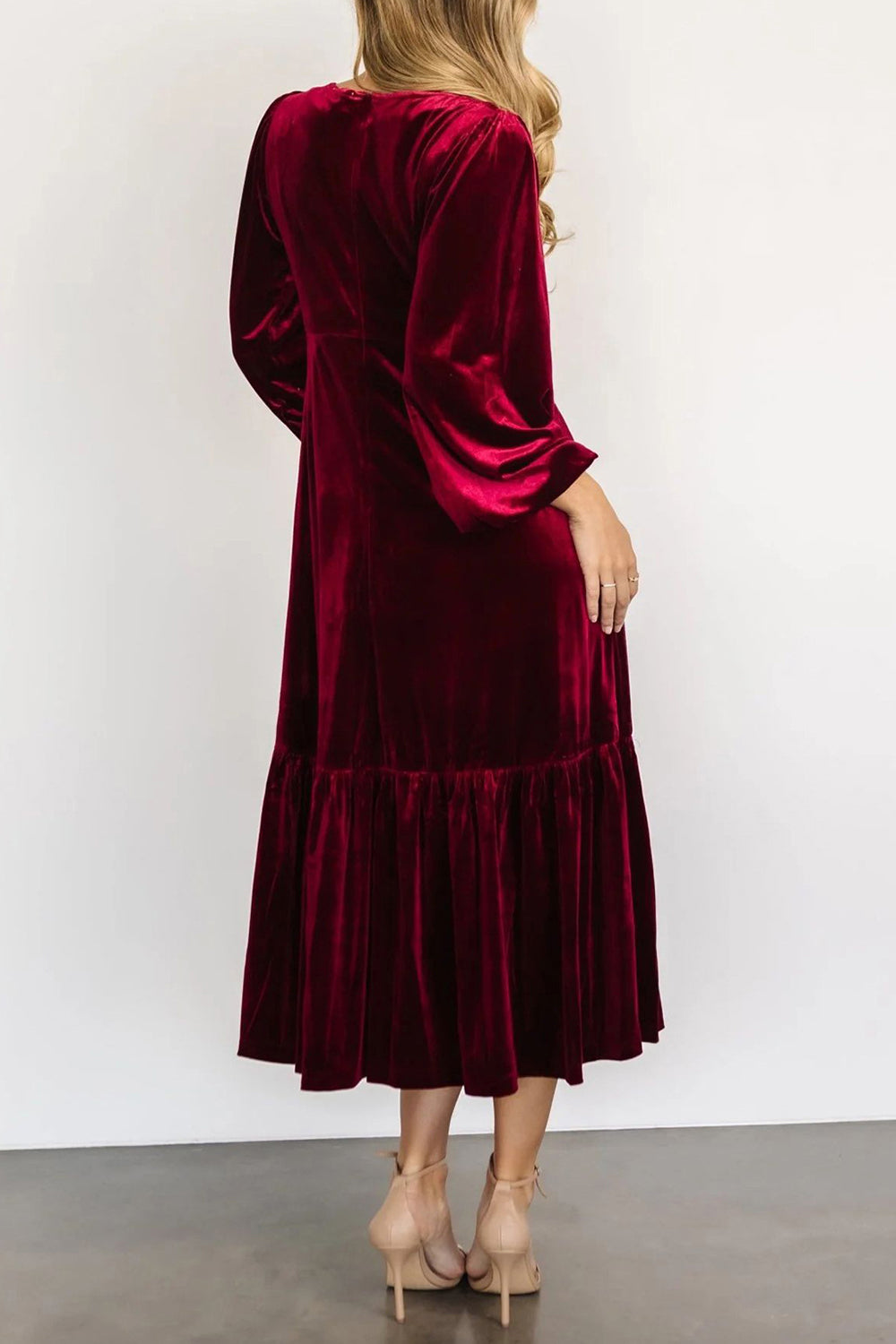 V-Neck Long Sleeve Midi Velvet Dress - Classique Collection