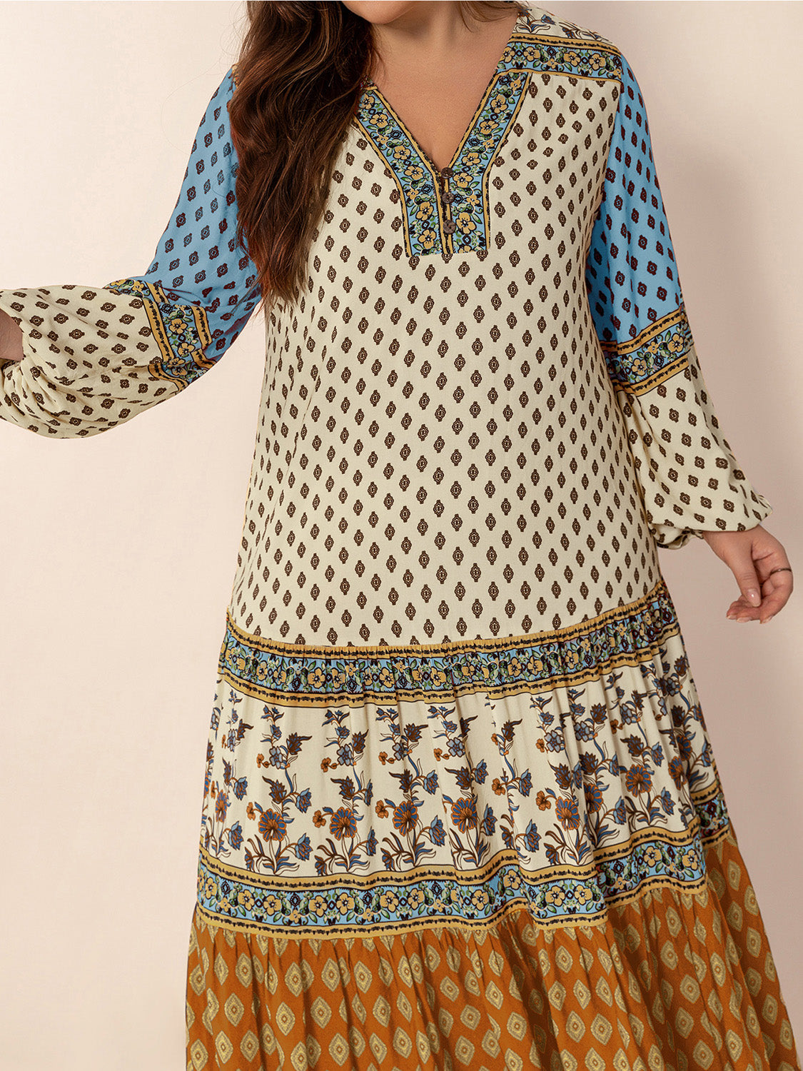 Plus Size Printed V-Neck Balloon Sleeve Maxi Dress - Classique Collection