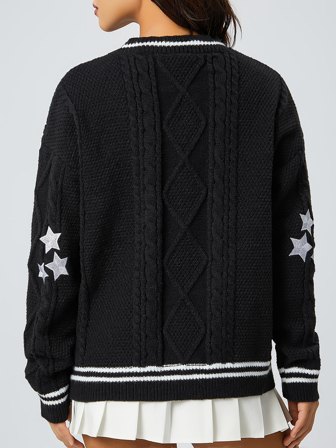 Star Embroidered V-Neck Long Sleeve Cardigan - ClassiQ
